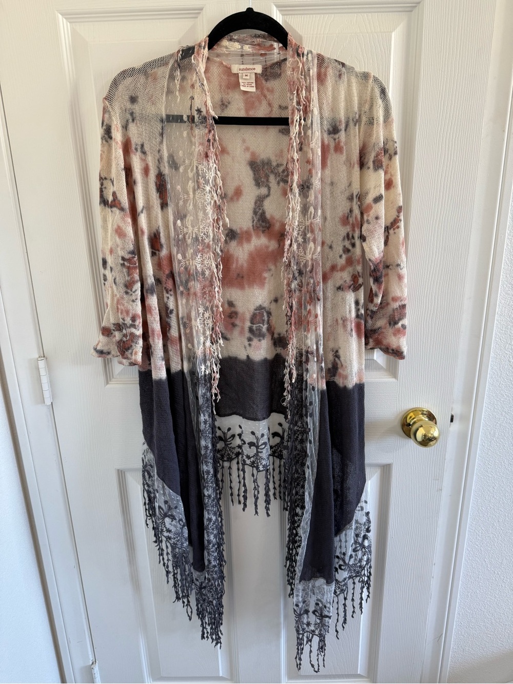 Sundance Mystery Ranch Tie-Dye Fringe Kimono in Blush and Charcoal